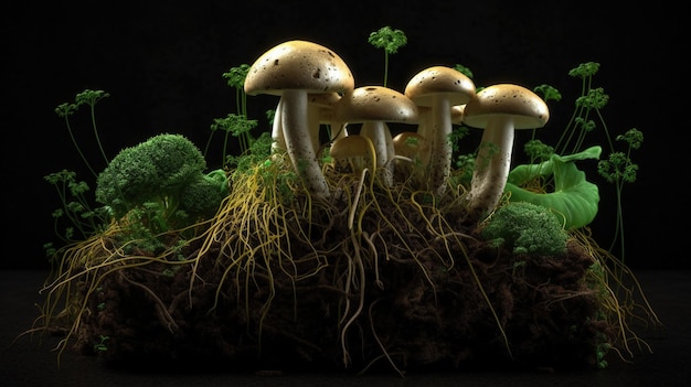 Champignons en croissance réalistes abstraits similaires aux champignons ou aux champignons des arbres avec du mycélium et de la mousse verte sur fond sombre Ai généré