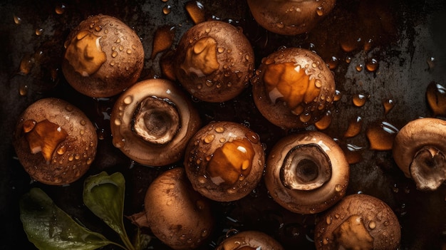 Champignons dans une casserole avec des gouttes d'eau dessus