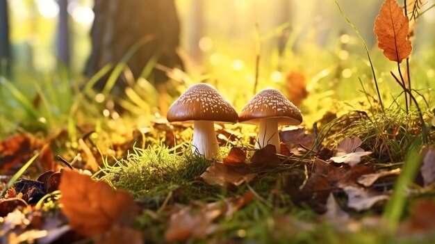 Champignons dans le champ de la forêt d'automne Rowan berry branchrosée du matin les gouttes d'eau et l'herbe