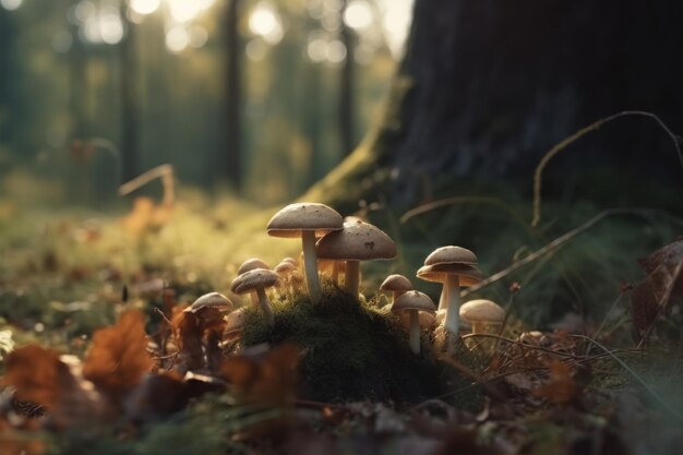 champignons dans une forêt au coucher du soleil ongos champignons concept de cueillette de champignons créé avec ai