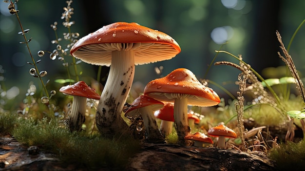 Champignons dans une forêt avec un fond vert