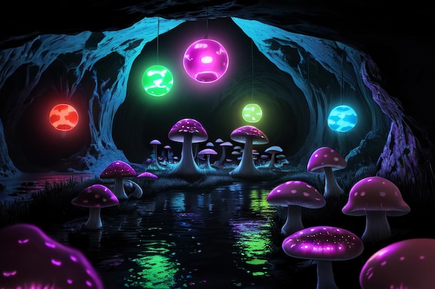 Champignons dans les grottes souterraines dessins animés art abstrait fond d'écran coloré