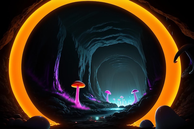Champignons dans les grottes souterraines dessins animés art abstrait fond d'écran coloré