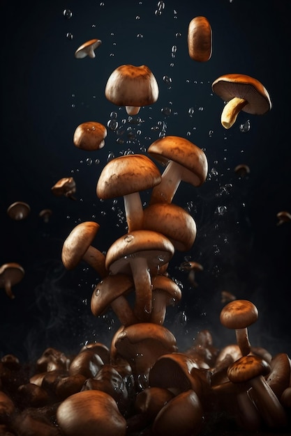 Des champignons délicieux volants isolés sur un fond noir