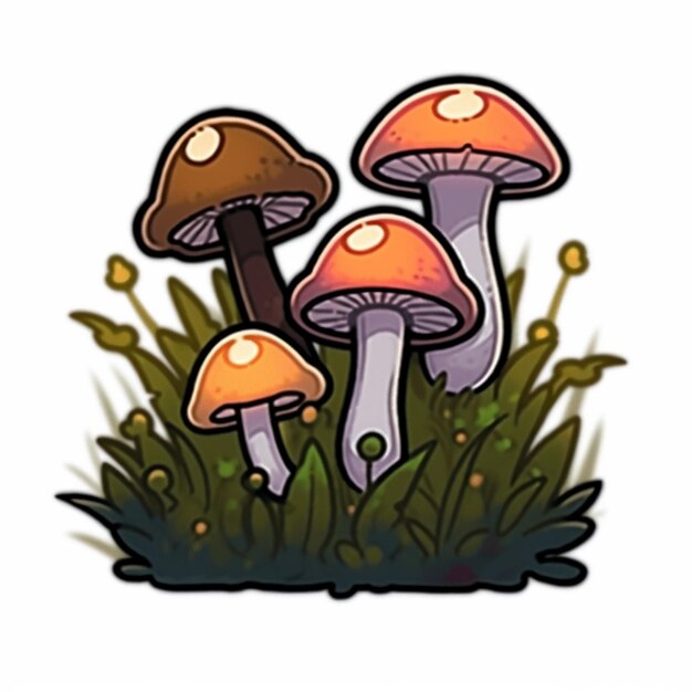 champignons de dessin animé dans l'herbe avec un fond blanc ai générative