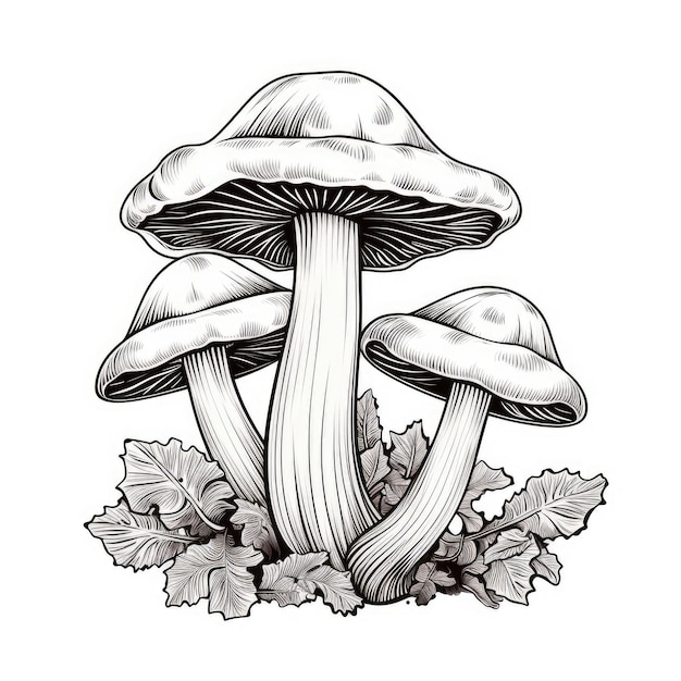 Des champignons dessinés à la main en noir et blanc générés par l'IA.