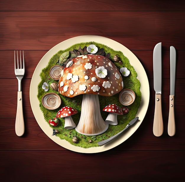 Champignons fantastiques sur assiette mangeant des champignons hallucinogènes illustration IA générative