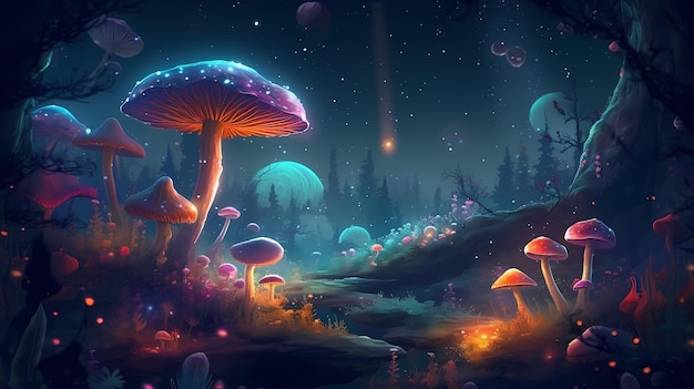 Champignons fantastiques paysage psychédélique surréaliste