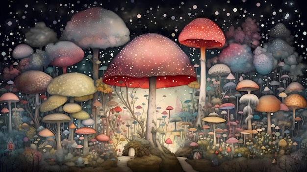 Champignons fantastiques paysage psychédélique surréaliste