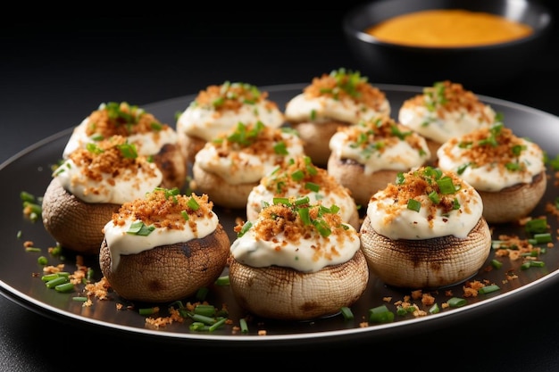 Des champignons farcis de fruits de mer avec du fromage à la crème