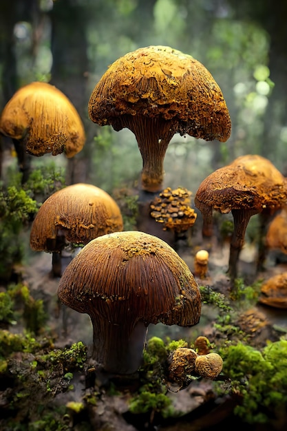 Les champignons féeriques magiques poussent dans une illustration 3d de champignons vénéneux de la forêt sombre