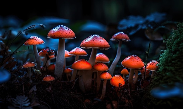 Des champignons fluorescents mystiques poussant dans la forêt, gros plan de l'IA générative