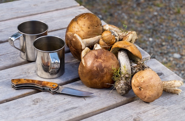 Champignons forestiers, un couteau et deux tasses en métal sur une table en bois