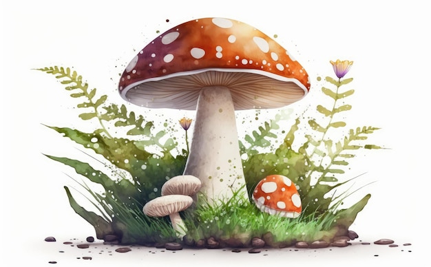 champignons forestiers dessinés sur fond blanc illustrations d'aliments biologiques aquarelle générées par ai