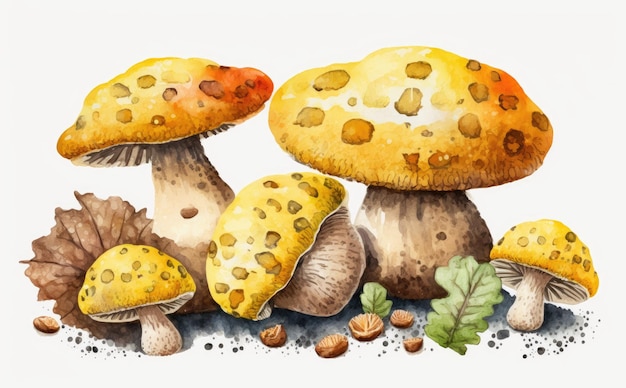 champignons forestiers dessinés sur fond blanc illustrations d'aliments biologiques aquarelle générées par ai