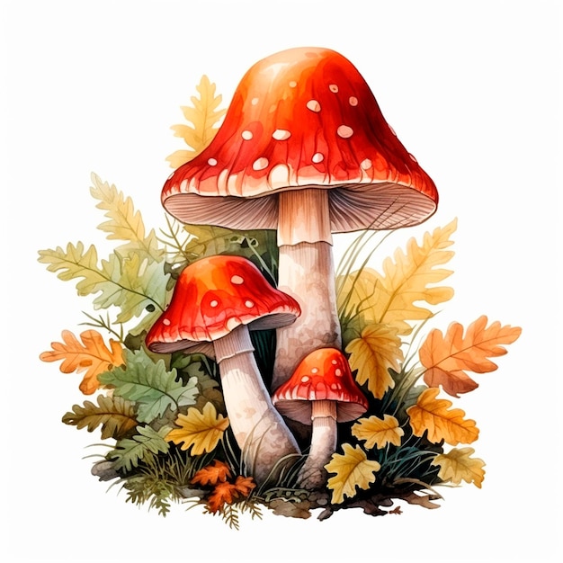 Champignons forestiers avec des feuilles d'automne Automne AI aquarelle générative illustration isolée