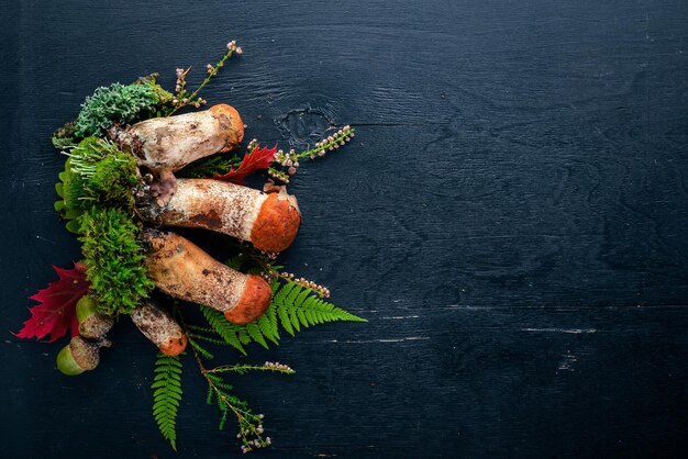 Champignons forestiers sur un fond en bois noir Vue de dessus Espace libre pour le texte