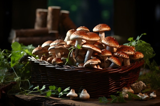 Champignons fraîchement cueillis dans un panier sur fond de forêt d'automne