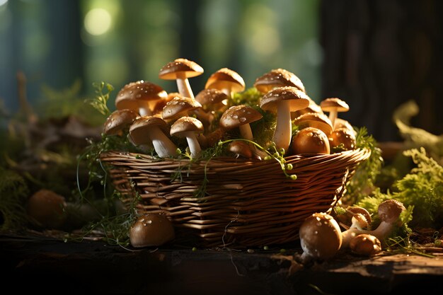 Champignons fraîchement cueillis dans un panier sur fond de forêt d'automne