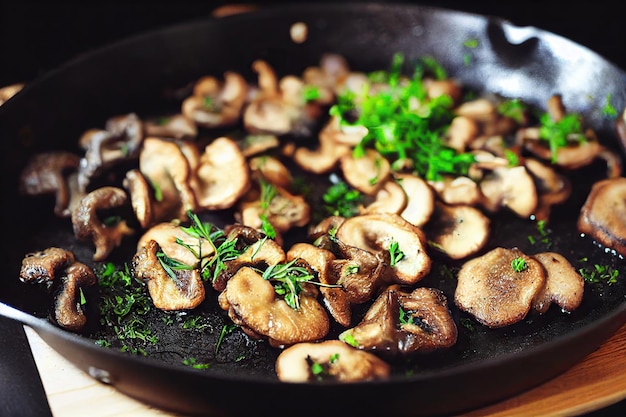 Champignons frits dans une poêle à frire avec de l'huile de croûte dorée et des herbes