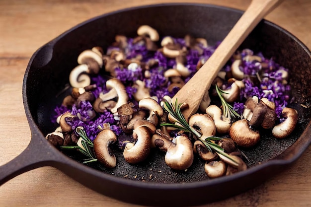 Champignons frits parfumés brillants dans une poêle avec du thym et du safran