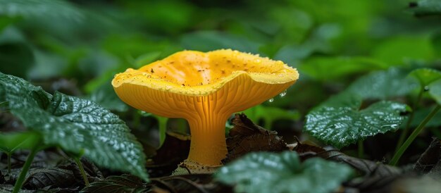 Photo des champignons jaunes vibrants sur un champ vert et luxuriant