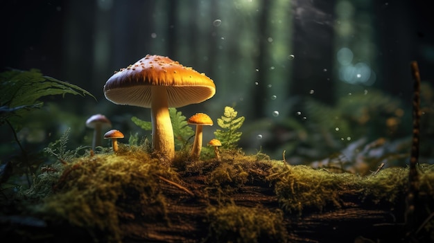 Des champignons lumineux fantastiques dans une forêt sombre et sombre créés avec la technologie d'IA générative