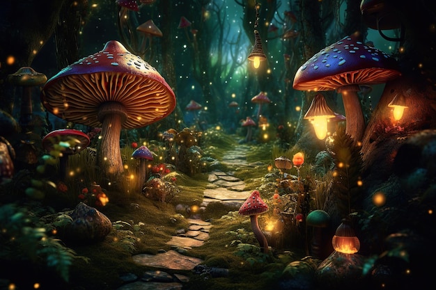 Champignons lumineux magiques dans un fabuleux bosquet forestier Illustration générative de l'IA