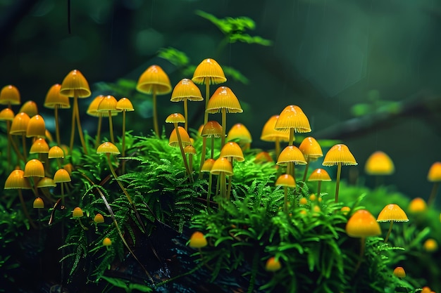 Des champignons lumineux sur une mousse verte luxuriante dans une forêt