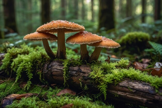 Des champignons lumineux sur un tronc de mousse dans la forêt