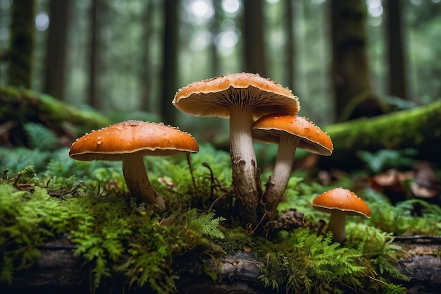 Des champignons lumineux sur un tronc de mousse dans la forêt