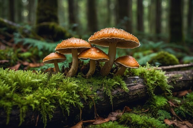 Des champignons lumineux sur un tronc de mousse dans la forêt