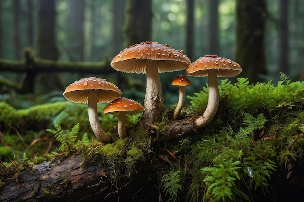 Des champignons lumineux sur un tronc de mousse dans la forêt