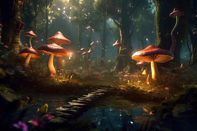 Photo des champignons magiques brillants dans une forêt de fées illustration générative d'ia