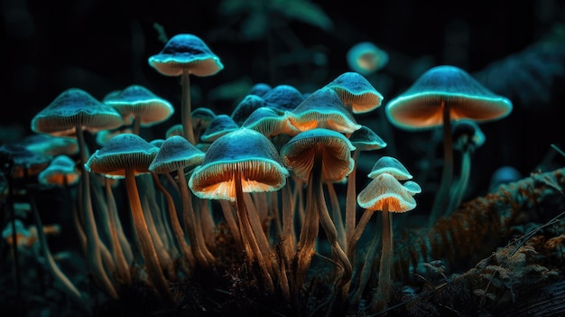 Champignons magiques brillants dans une forêt psychédélique