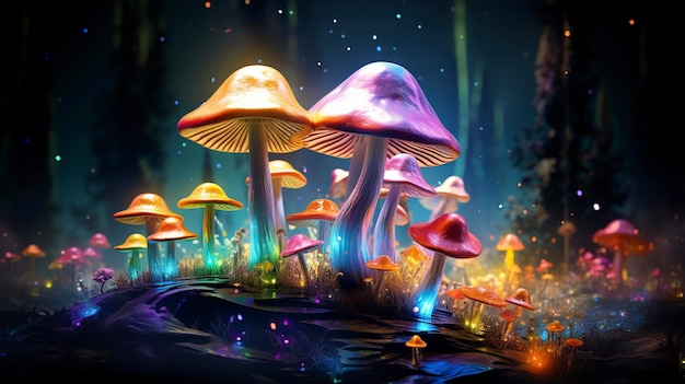 champignons magiques colorés vif réaliste