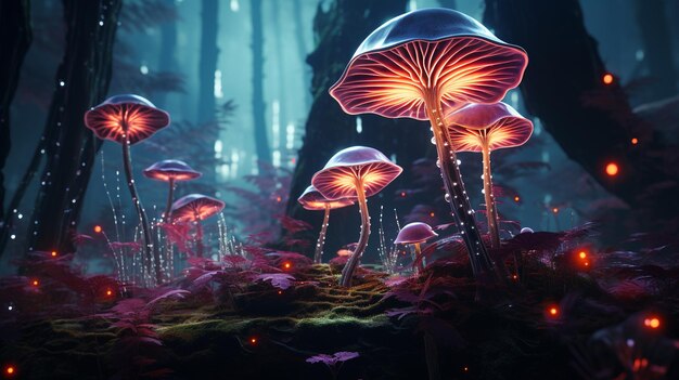 Des champignons magiques dans la forêt la nuit.