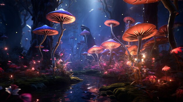 Des champignons magiques dans la forêt la nuit.