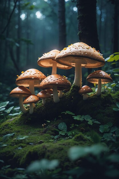 Champignons magiques dans une forêt sombre et mystérieuse