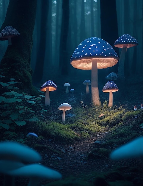 Champignons magiques dans la sombre forêt mystérieuse