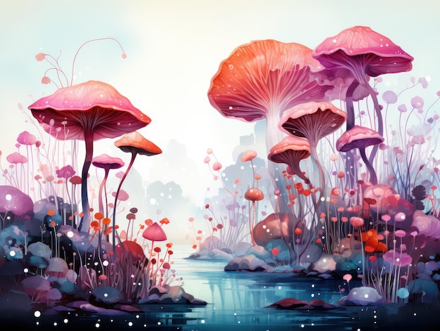 Des champignons magiques de dessins animés Peinture à l'aquarelle IA générative