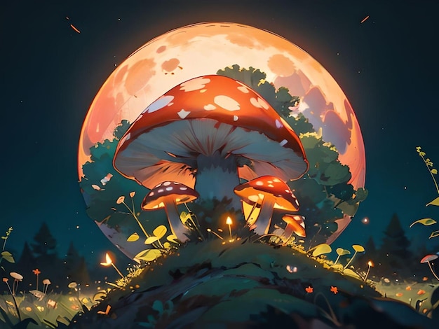 Champignons magiques sur le sommet du pays avec un grand arbre et une super pleine lune en arrière-plan