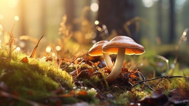 Les champignons majestueux de la forêt d'automne scintillent avec la rosée du matin dans une splendeur époustouflante embrassée par le soleil.