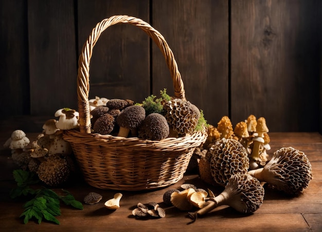 Des champignons Morels dans un panier en osier sur une table en bois