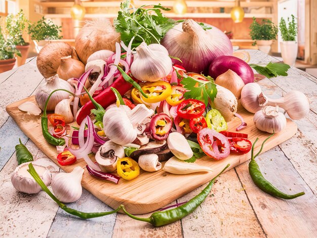 des champignons à l'oignon chili et de l'ail sur une table en bois