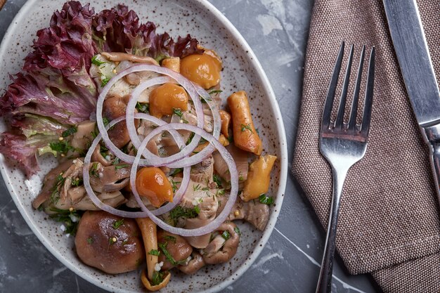 Champignons et oignons marinés dans une assiette sur une surface grise