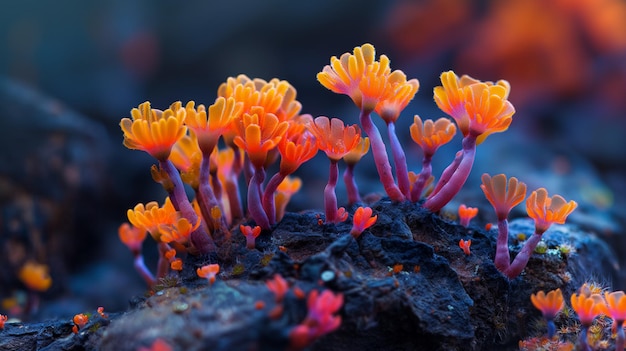 Des champignons orange vifs qui s'épanouissent sur l'écorce sombre