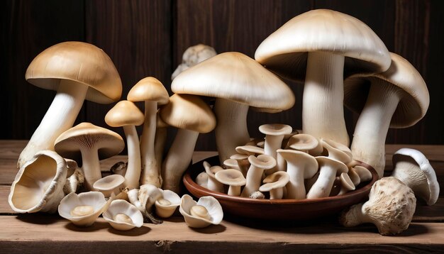 Des champignons de paille et des champignons d'huître royale sur une table en bois