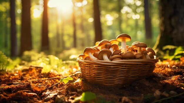 Photo des champignons porcini dans un panier en bois sur un fond flou de la forêt d'automne ai générative