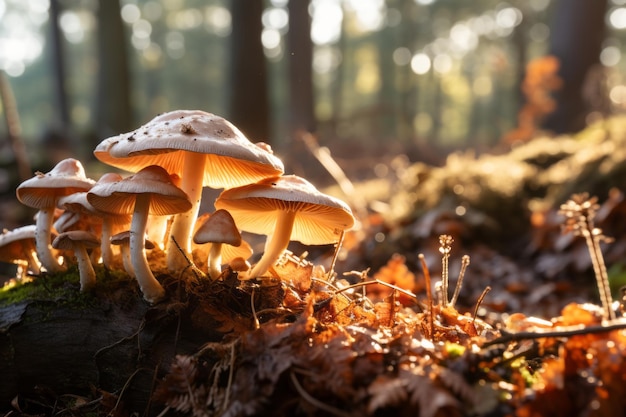 champignons poussant sur une bûche tombée dans les bois